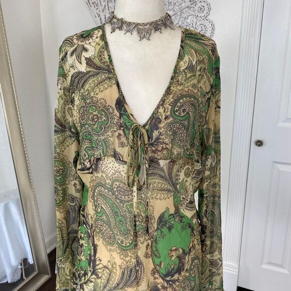 Early 2000's Fairy Grunge Whimsical Silk Green Brown Paisley Flowy Blouse Top L - Picture 3 of 7